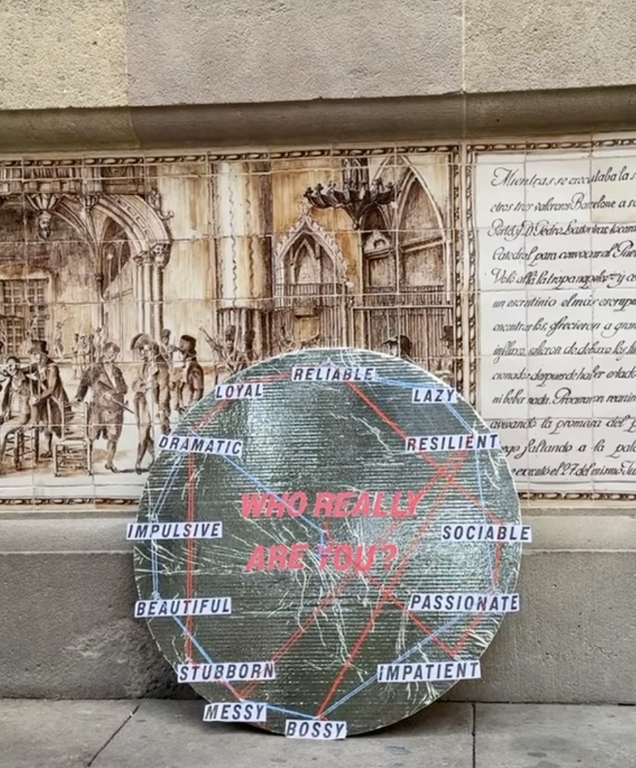 reflective circle that says who are you